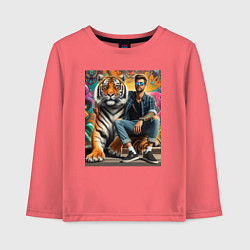 Лонгслив хлопковый детский Чувак хипстер с тигром - нейросеть, цвет: коралловый