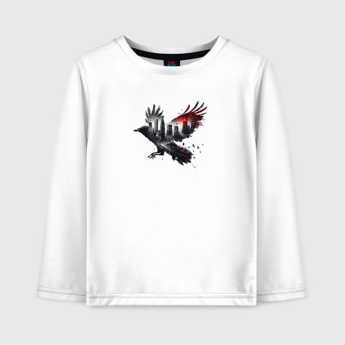 Детский лонгслив Черный ворон и город эффект двойной экспозиции / Белый – фото 1