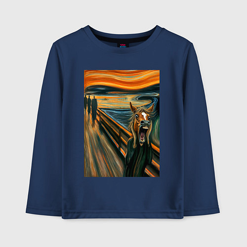 Детский лонгслив Лошадь кричит - мем картина от нейросети / Тёмно-синий – фото 1