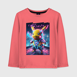 Лонгслив хлопковый детский Cyber Pikachu - neon glow ai art fantasy, цвет: коралловый