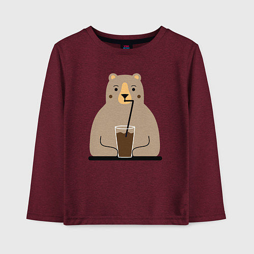 Детский лонгслив Мишка пьёт напиток / Меланж-бордовый – фото 1