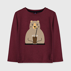 Лонгслив хлопковый детский Мишка пьёт напиток, цвет: меланж-бордовый