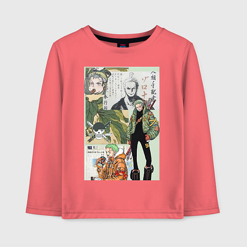 Детский лонгслив Ван-Пис Зоро Ророноа коллаж сильнейший мечник / Коралловый – фото 1