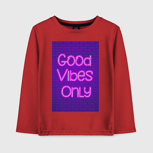 Детский лонгслив Неоновая надпись good vibes only и кирпичная стена / Красный – фото 1