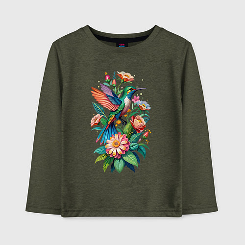 Детский лонгслив Колибри среди цветов / Меланж-хаки – фото 1