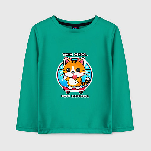 Детский лонгслив Кот на скейте с мороженным / Зеленый – фото 1