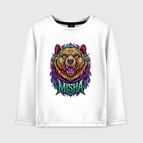 Детский лонгслив Свирепый медведь с надписью / Белый – фото 1