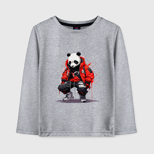 Детский лонгслив Модная панда в красной куртке / Меланж – фото 1