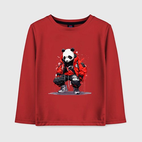 Детский лонгслив Модная панда в красной куртке / Красный – фото 1