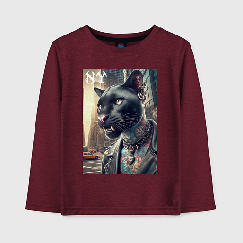 Детский лонгслив Cool dude panther from New York - ai art / Меланж-бордовый – фото 1