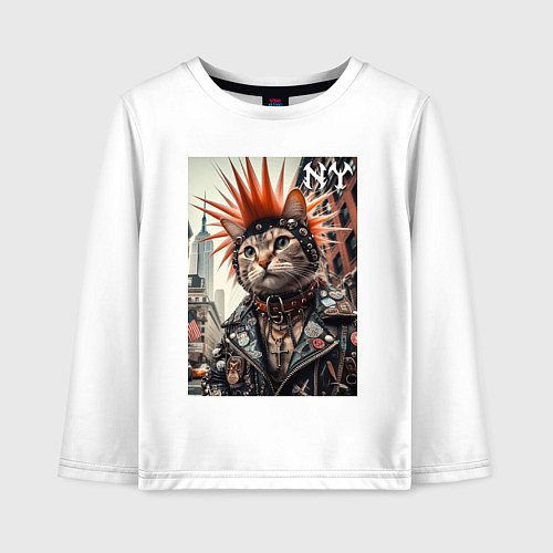 Детский лонгслив Котяра панк из Нью-Йорка - нейросеть / Белый – фото 1