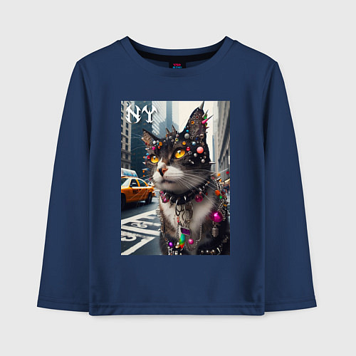 Детский лонгслив Пирсинг Нью-Йоркского кота - нейросеть / Тёмно-синий – фото 1
