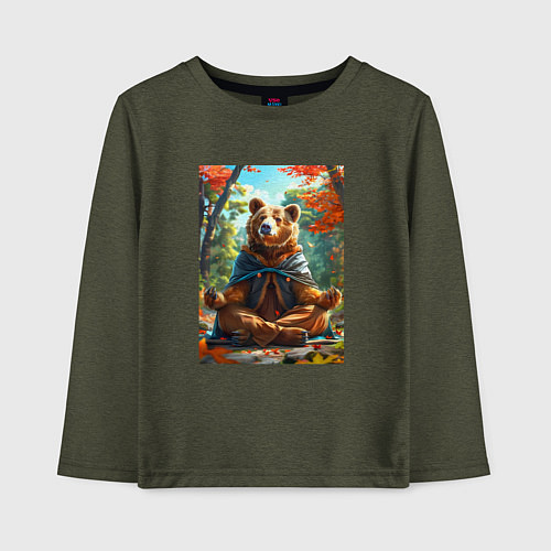 Детский лонгслив Медведь на медитации / Меланж-хаки – фото 1