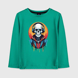 Лонгслив хлопковый детский Скелет в наушниках, цвет: зеленый