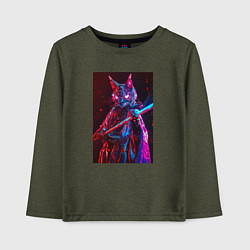 Лонгслив хлопковый детский Кот самурай киберпанк, цвет: меланж-хаки
