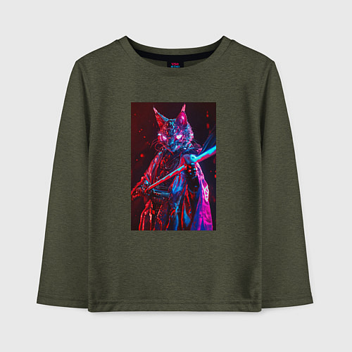 Детский лонгслив Кот самурай киберпанк / Меланж-хаки – фото 1