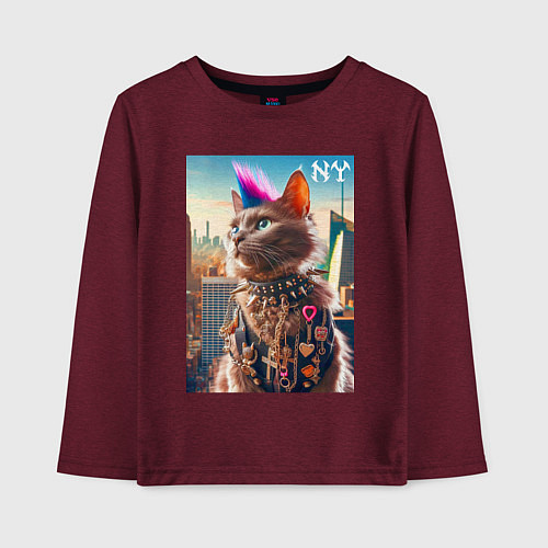 Детский лонгслив Funny cat punk from New York - ai art / Меланж-бордовый – фото 1