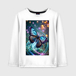 Лонгслив хлопковый детский Порхающая бабочка в неоновых линиях, цвет: белый