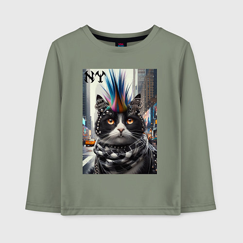 Детский лонгслив Кот панк с разноцветным хаером - Нью-Йорк / Авокадо – фото 1