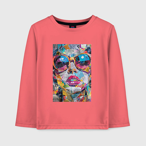 Детский лонгслив Лицо девушки из обрезков газет / Коралловый – фото 1
