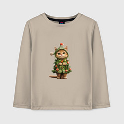 Лонгслив хлопковый детский Кот в костюме новогодней елки, цвет: миндальный