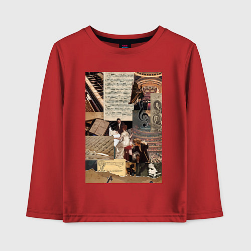 Детский лонгслив Музыка коллаж ноты / Красный – фото 1
