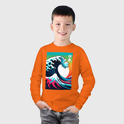 Лонгслив хлопковый детский Japanese wave - ai art, цвет: оранжевый — фото 2