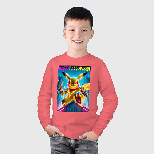 Детский лонгслив Happy halloween - terrible Pikachu / Коралловый – фото 3