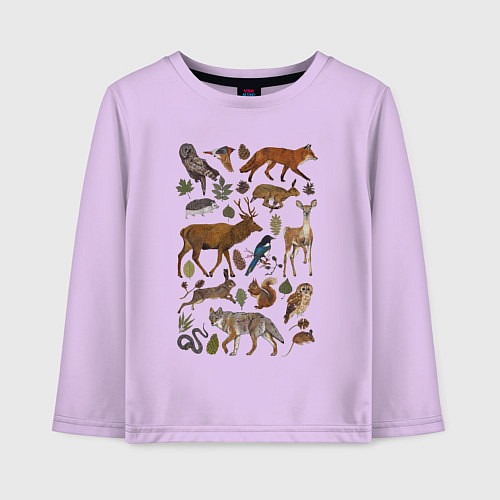 Детский лонгслив Лесные животные и птицы / Лаванда – фото 1