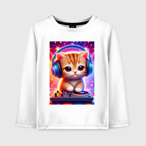 Детский лонгслив Cutie kitten DJ - neon glow / Белый – фото 1