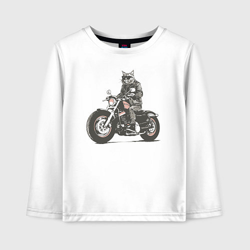 Детский лонгслив Кошка байкер на мотоцикле чоппере / Белый – фото 1