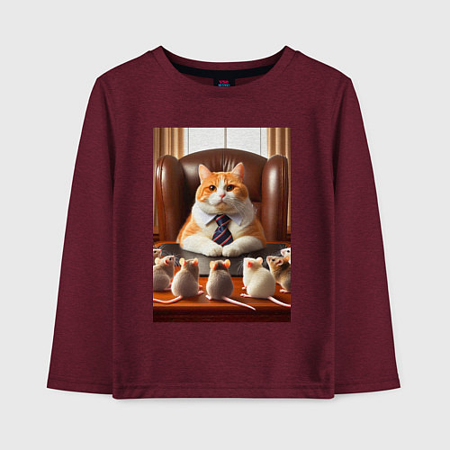 Детский лонгслив Рыжий кот босс - нейроарт / Меланж-бордовый – фото 1
