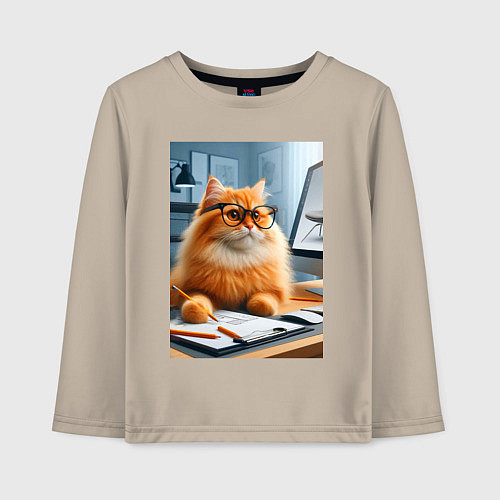 Детский лонгслив Рыжий кот дизайнер - нейроарт / Миндальный – фото 1