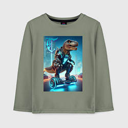 Лонгслив хлопковый детский Cyber tyrannosaur on a hoverboard - neon glow fant, цвет: авокадо