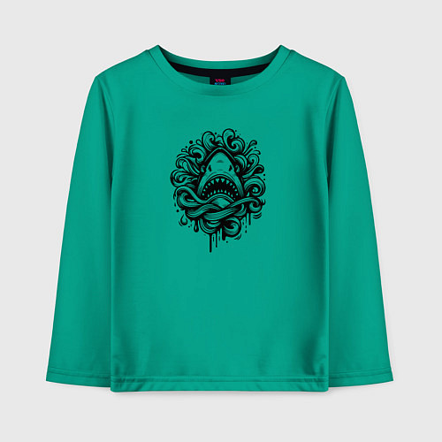 Детский лонгслив Голова акулы в волнах тату / Зеленый – фото 1