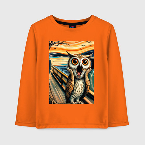 Детский лонгслив Сова кричит на картине Эдварда Мунка - нейроарт / Оранжевый – фото 1
