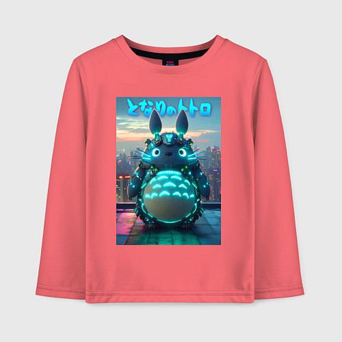 Детский лонгслив Cyber Totoro - neon glow fantasy / Коралловый – фото 1