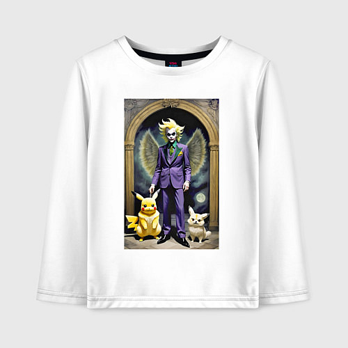 Детский лонгслив Крылатый клоун с Пикачу и котом - нейроарт / Белый – фото 1