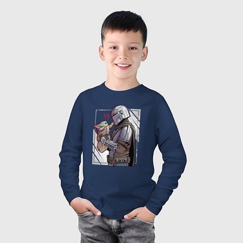 Детский лонгслив Беби Йода и Мандалорец / Тёмно-синий – фото 3