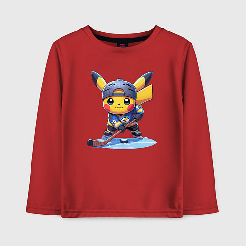 Детский лонгслив Пикачу хоккейный форвард - нейроарт / Красный – фото 1