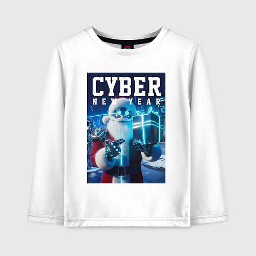 Детский лонгслив Кибер новый год - неоновое свечение / Белый – фото 1