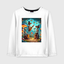 Лонгслив хлопковый детский Трио скелетов музицируют на грибной поляне, цвет: белый