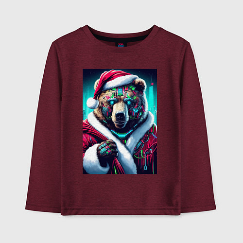 Детский лонгслив Cyber bear - Santa Claus / Меланж-бордовый – фото 1