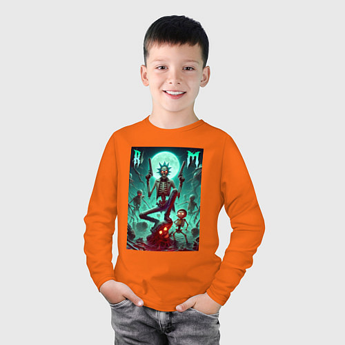 Детский лонгслив Скелет Рика с двумя пистолетами и Морти / Оранжевый – фото 3