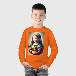 Лонгслив хлопковый детский Маленькая Мона Лиза в детстве с куклой - нейроарт, цвет: оранжевый — фото 2
