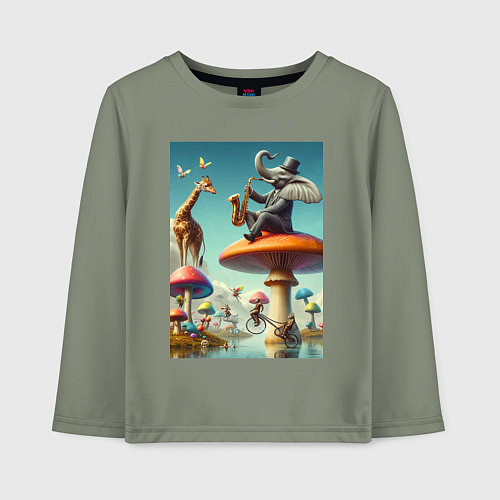 Детский лонгслив Слон играет на саксофоне жирафу / Авокадо – фото 1