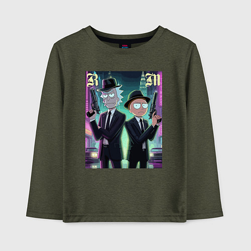 Детский лонгслив Рик и Морти крутые гангстеры - нейроарт / Меланж-хаки – фото 1