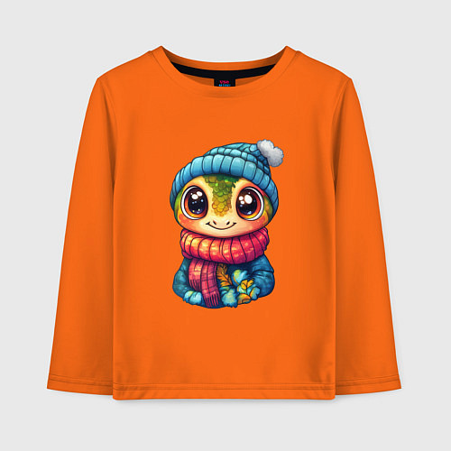 Детский лонгслив Добрая новогодняя змейка в шапочке / Оранжевый – фото 1