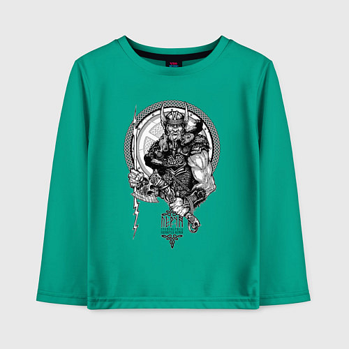 Детский лонгслив Славянский бог Перун - покровитель воинов / Зеленый – фото 1