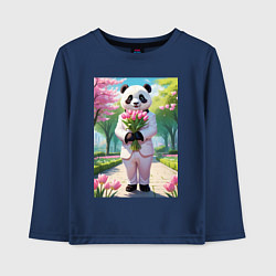 Лонгслив хлопковый детский Панда с букетом тюльпанов, цвет: тёмно-синий